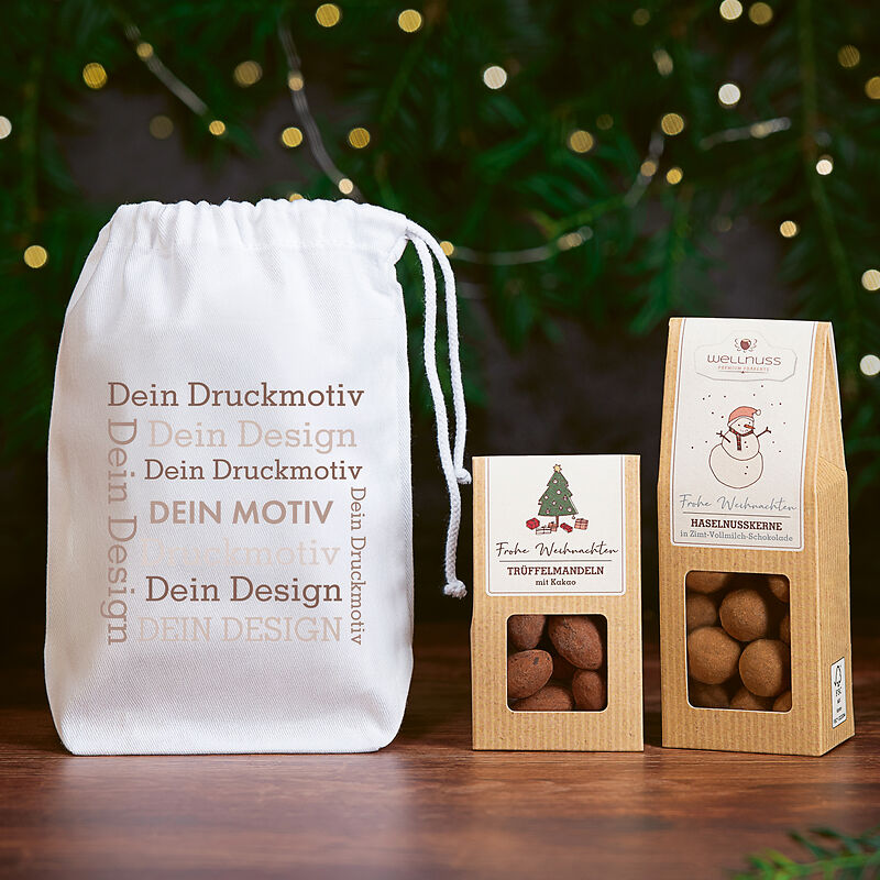 1 Faltschachteln und 1 Mini Faltschachtel im Baumwollsäckchen - Weihnachts-Edition