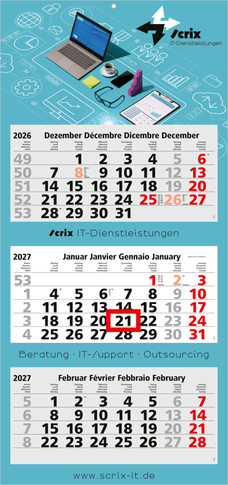 3-Monatskalender Mehrblock Maxi Light 3, Schweiz