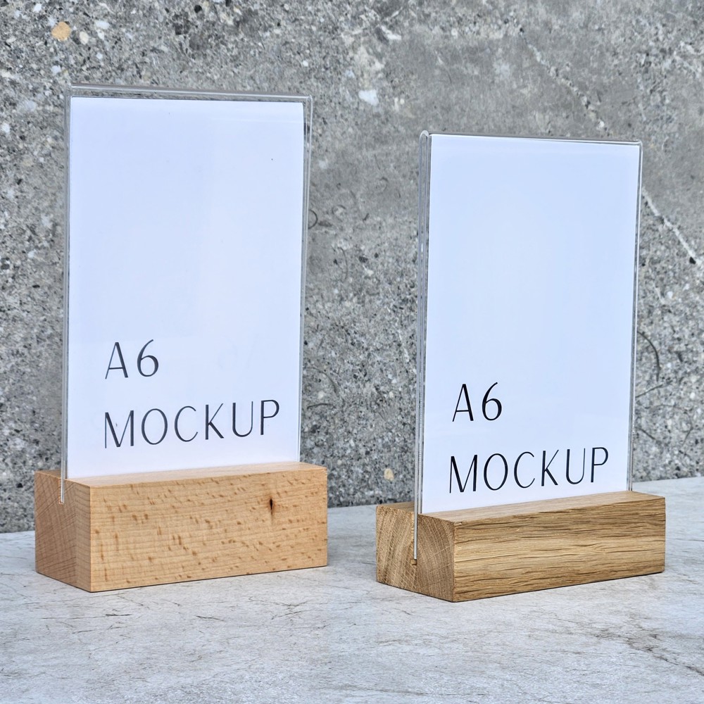 A6-Menühalter aus Buche mit Acrylhalter 105×50×40 mm, Nut 3,5×15 mm, Hartwachs
