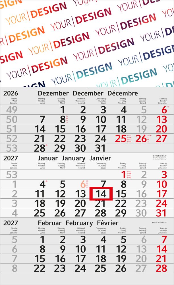 3-Monatskalender Einblatt Budget 3 RECYCLING, rot