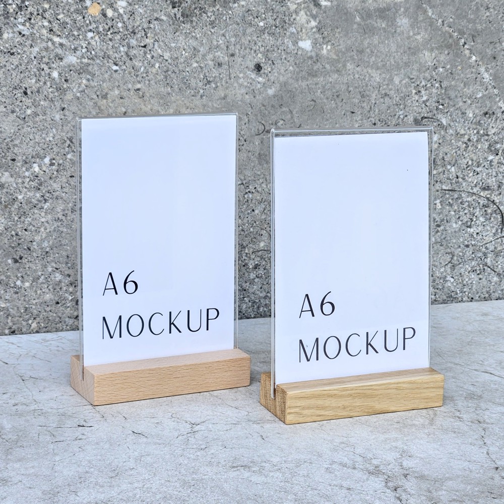 A6-Menühalter aus Buche mit Acrylhalter 105×40×20 mm, Nut 3,5×15 mm, Hartwachs