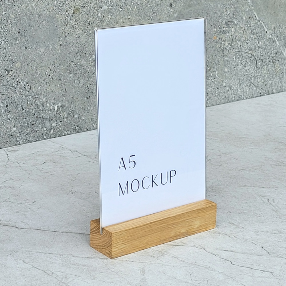 A5-Menühalter aus Eiche mit Acrylhalter 150×40×30 mm, Nut 3,5×15 mm, Hartwachs