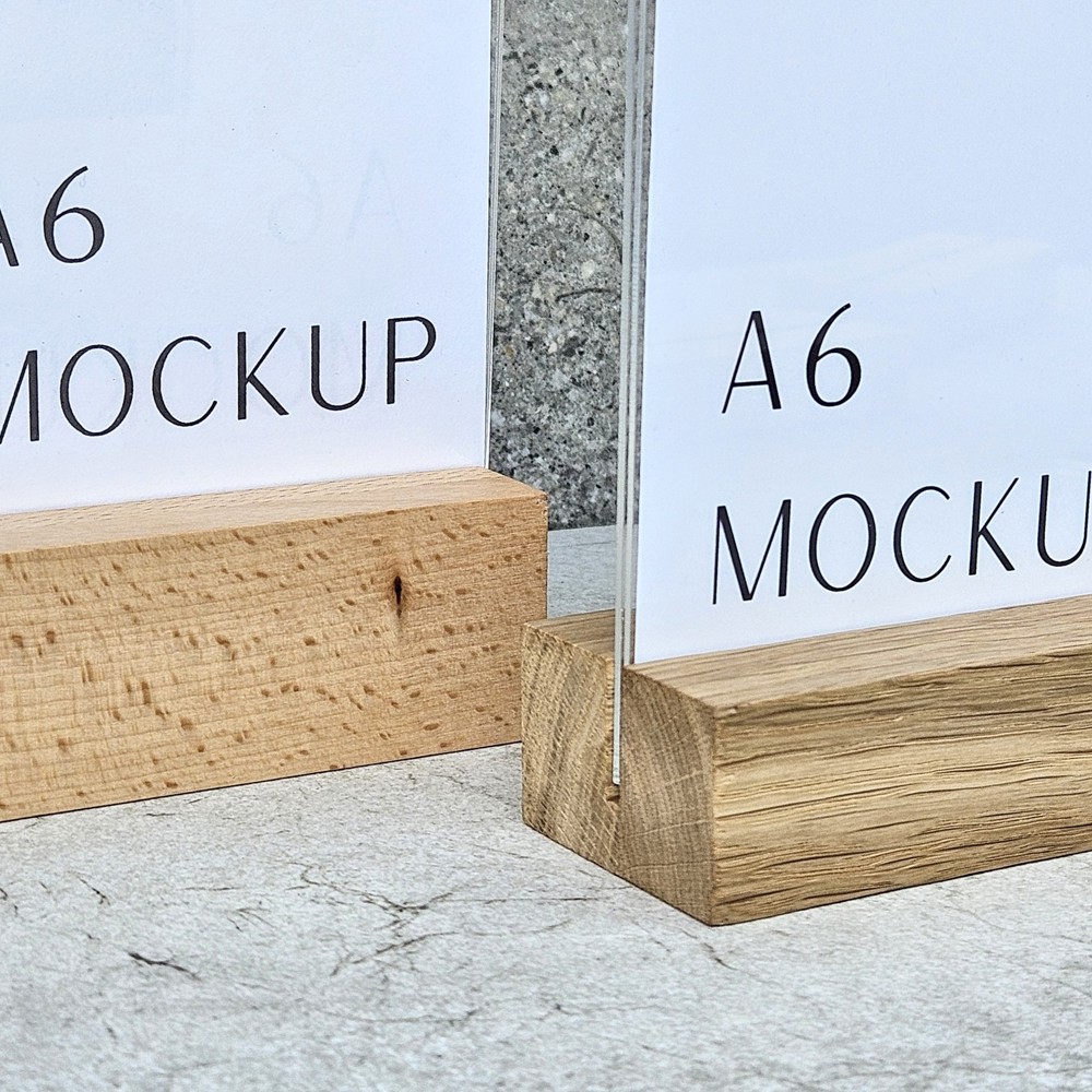 A6-Menühalter aus Buche mit Acrylhalter 105×50×40 mm, Nut 3,5×15 mm, Hartwachs