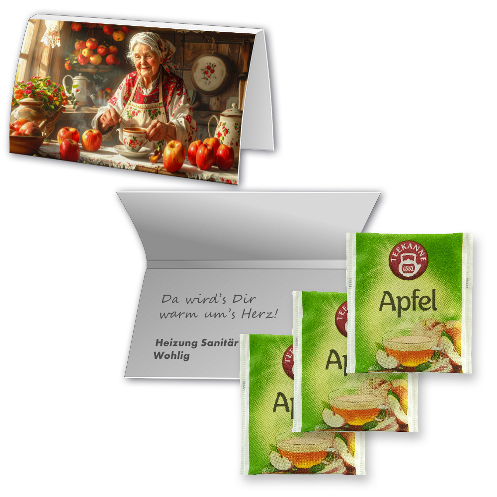 Beuteltee Apfel mit Vitamin C, ca. 1,75g, Werbekarte A6 gefaltet