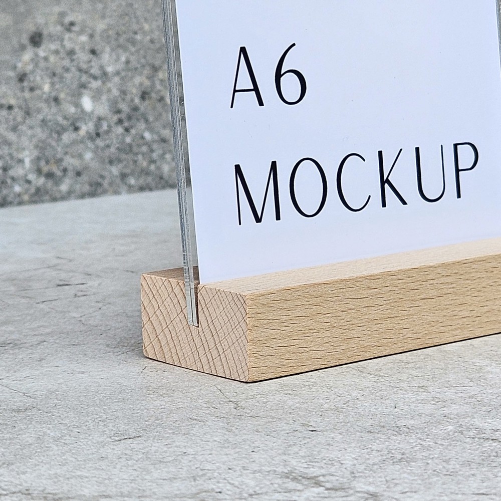 A6-Menühalter aus Buche mit Acrylhalter 105×40×20 mm, Nut 3,5×15 mm, Hartwachs