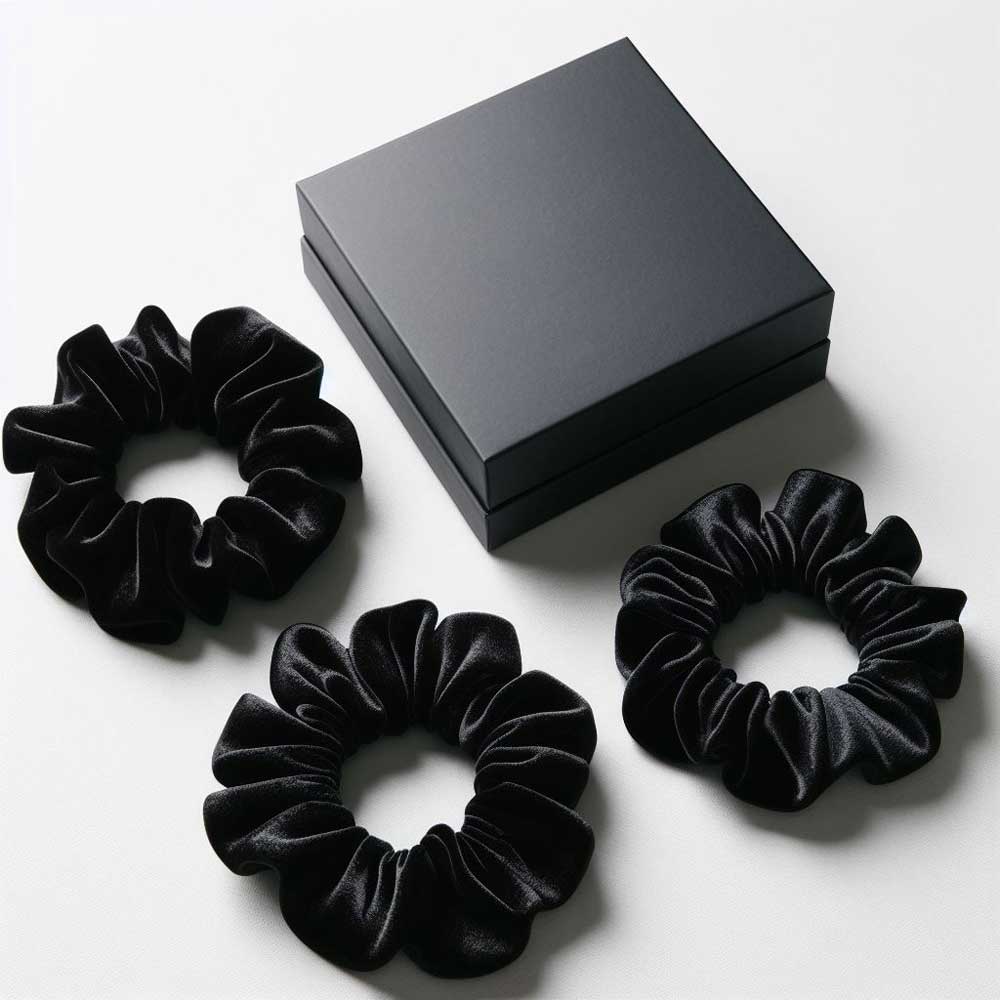 3er Set Scrunchies + Geschenkverpackung in schwarz